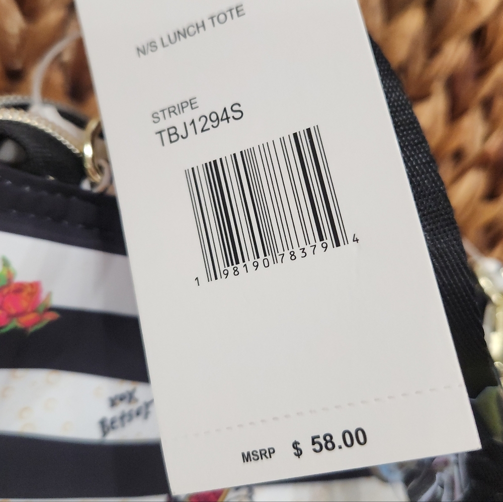 NWT Betsey Johnson "Caviar & Bubbly" Insulated Lunch Tote Chic Striped Bag - Picture 3 of 17